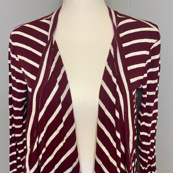 Juniors So Waterfall Open Front Cardigan Burgundy Red & White Stripes - Picture 4 of 9